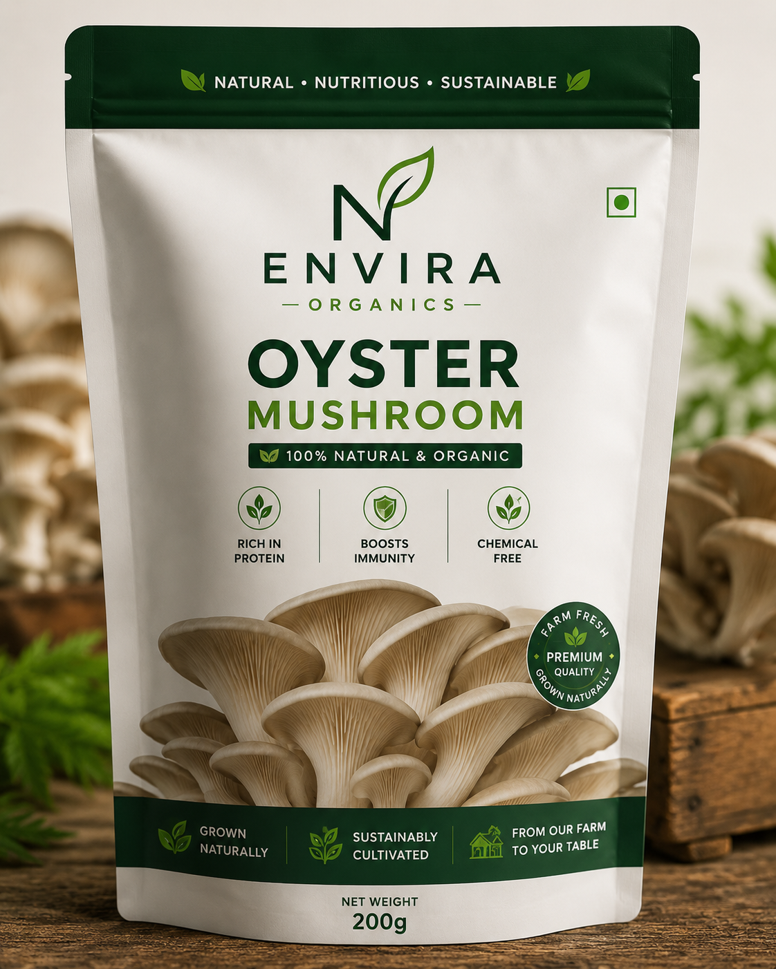 Premium Envira Organics Oyster Mushroom packaging displayed with fresh oyster mushrooms in a natural farm-inspired setting. The product highlights organic cultivation, sustainable farming, rich nutrition, immune support, and farm-fresh quality.