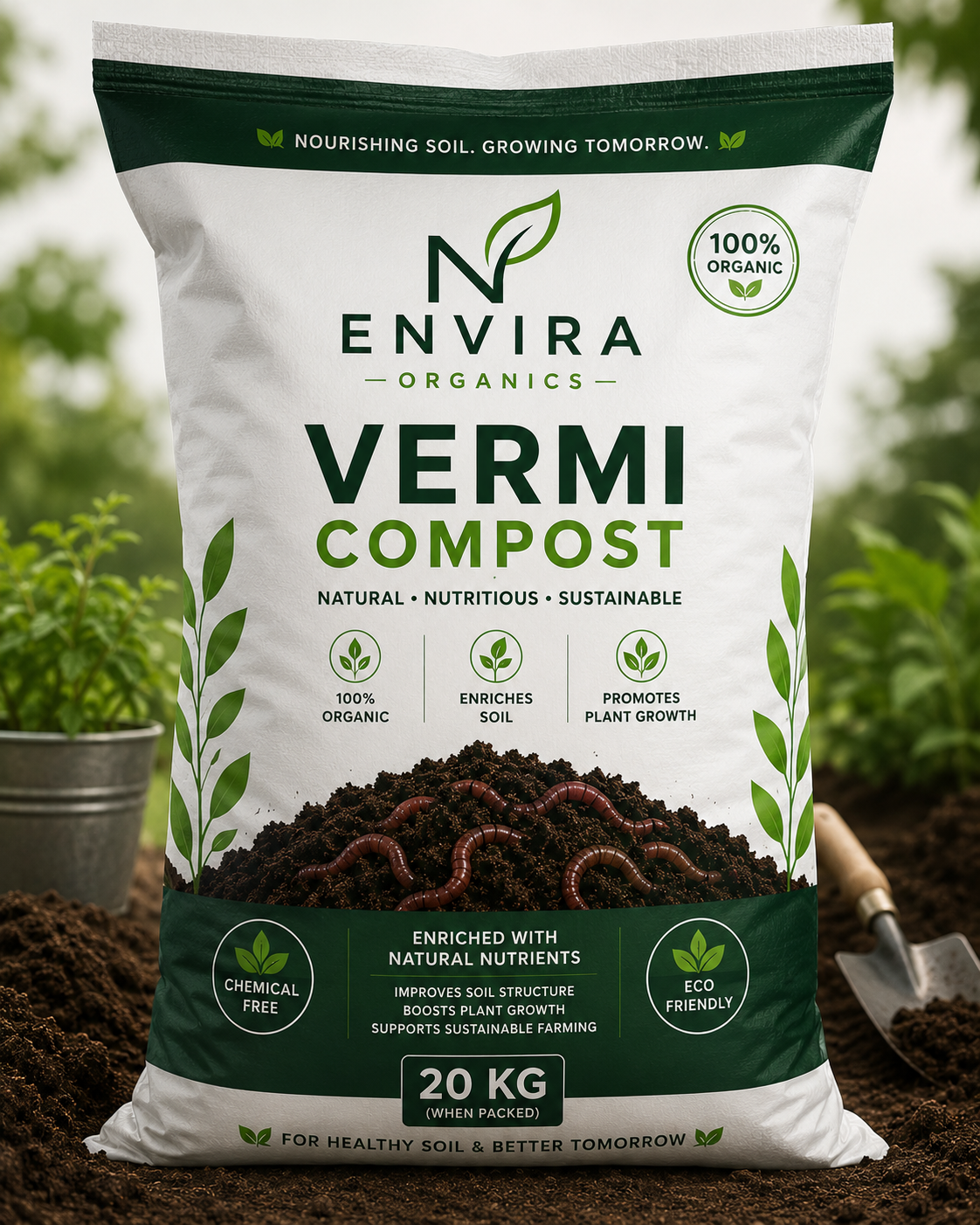 Premium Envira Organics Vermi Compost packaging surrounded by nutrient-rich soil, earthworms, and green plants. The product represents eco-friendly farming, natural soil enrichment, improved plant growth, and sustainable agriculture practices.